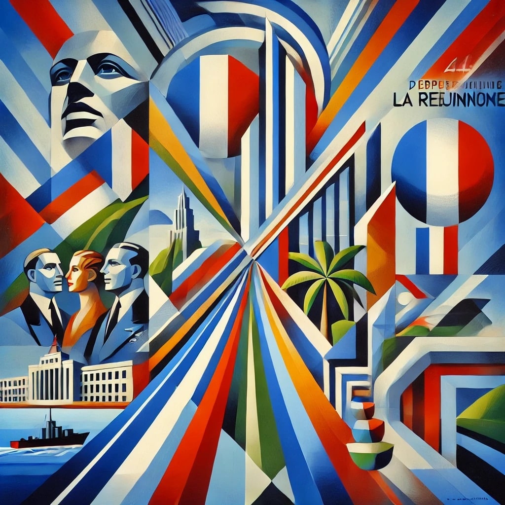 DALL·E 2024-09-24 19.11.14 - A modernist painting depicting the departmentalization of La Réunion in 1946. The artwork uses abstract forms and vibrant colors to represent the tran