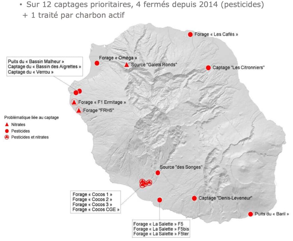 Carte des captages pollués aux nitrates et aux pesticides.