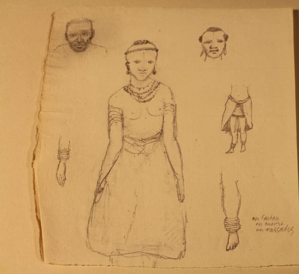 Eugène de Froberville. Dessin d’une femme ayant un tatouage au front caractéristique des dits « Makossi » et-ou « Niambane ». ©Archives et Collections privées Huet de Froberville/Photographe F. Lauginie ©International Slavery Museum (ISM), île Maurice