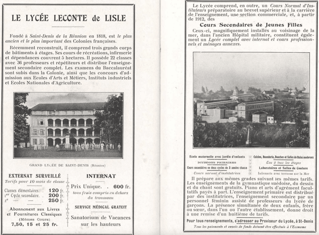 Publicité pour le lycée de La Réunion dans La Réunion : sanatorium, sources thermales. Pittoresque aux sites enchanteurs, Gustave Manes, syndicat d'initiative de La Réunion, Saint-Denis, 1913, ouvrage conservé au centre de documentation de la DAC de La Réunion.