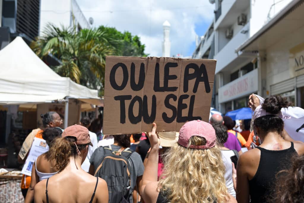 Une manifestante tient une pancarte sur laquelle on peut lire "Tu n'es pas toute seule" en créole.