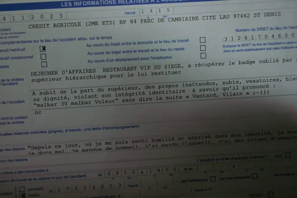 Extrait de la déclaration d'accident de travail d'un employé du Crédit Agricole Réunion suite à des propos qui auraient été tenus par le Directeur Général, Olivier Grand